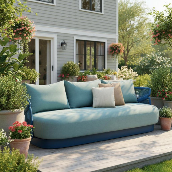 73 Inch Outdoor Metal Sofa in Forest Green with Decorative Accent Pillows Included
