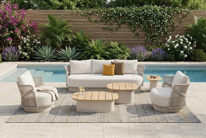 Six Piece Beige Metal Outdoor Patio Dining Set for Stylish Al Fresco Entertaining