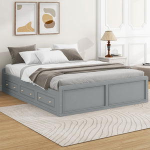 English Elm Wood Queen Platform Bed Solid Pine Frame Six Storage Drawers No Box Spring Needed Gray N709P241723E-1
