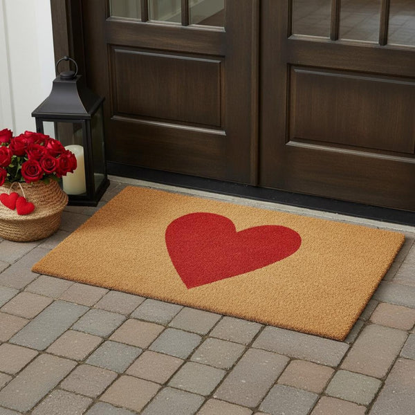 HomeRoots 36" Eco-Friendly Coir Door Mat with Charming Heart Motif for Year-Round Welcoming Appeal Red 36" x 72" 719802