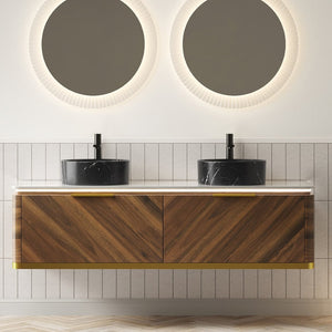 English Elm Dina 60 Inch Floating Bathroom Vanity Sintered Stone Top Dual Glass Basins Wood Grain W2615S00577