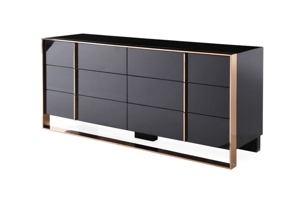 VIG Furniture Cartier Modern Black Lacquer Dresser With Rosegold Trim, 6 Soft-Closing Drawers, Fully Assembled VGVC-A002-D