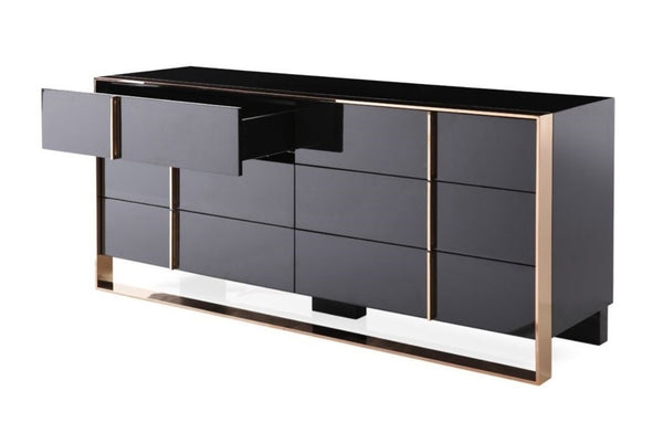 VIG Furniture Cartier Modern Black Lacquer Dresser With Rosegold Trim, 6 Soft-Closing Drawers, Fully Assembled VGVC-A002-D