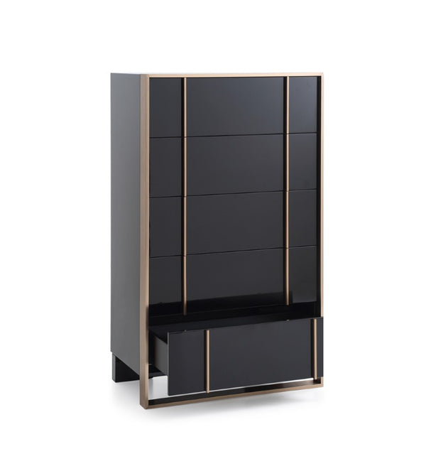 VIG Furniture Cartier Modern Black Chest With Rosegold Frame, 5 Soft-Close Drawers, High-Gloss Luxe Storage VGVCJ-A002-5H