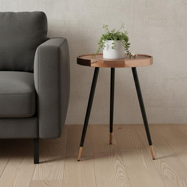 24 Inch Round End Table with Walnut Top Stainless Steel Base in Rose Gold Finish