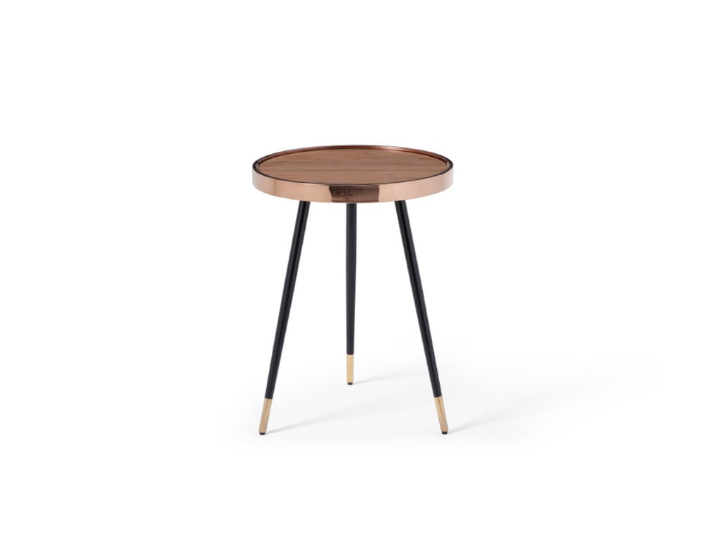 HomeRoots 24 Inch Round End Table with Walnut Top Stainless Steel Base in Rose Gold Finish 719955