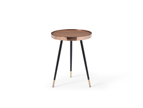 HomeRoots 24 Inch Round End Table with Walnut Top Stainless Steel Base in Rose Gold Finish 719955