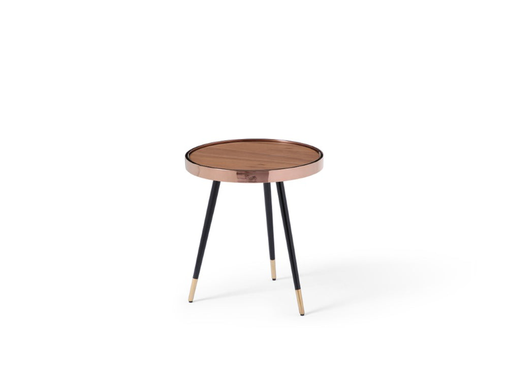 HomeRoots 20 Inch Round End Table with Walnut Wood Top and Rose Gold Stainless Steel Base 719956