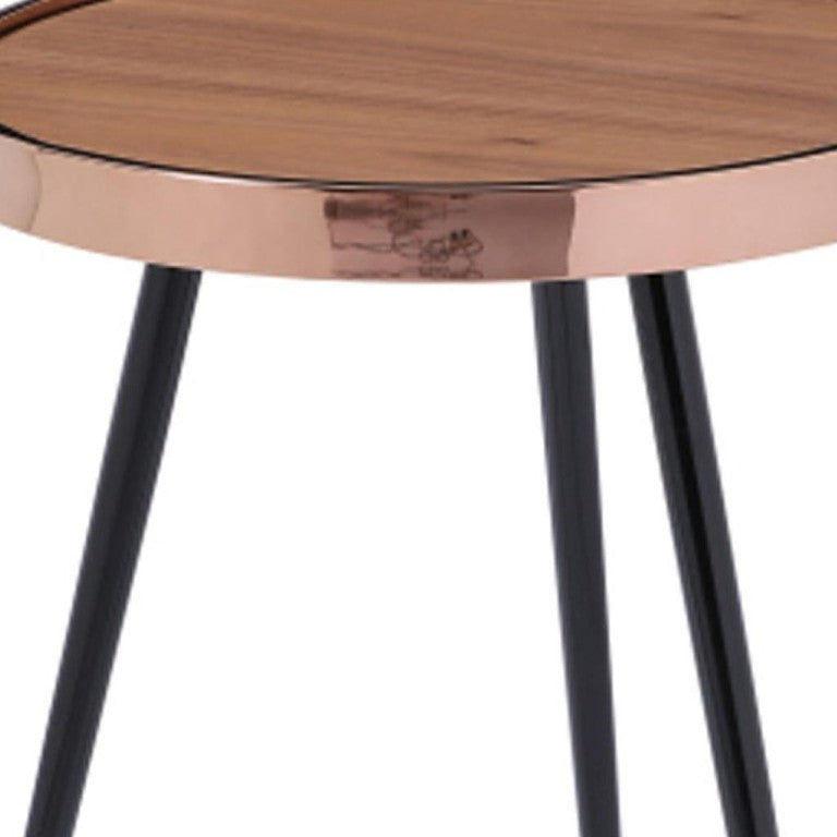 HomeRoots 20 Inch Round End Table with Walnut Wood Top and Rose Gold Stainless Steel Base 719956