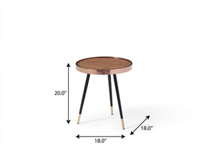 20 Inch Round End Table with Walnut Wood Top and Rose Gold Stainless Steel Base