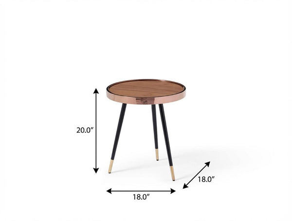 20 Inch Round End Table with Walnut Wood Top and Rose Gold Stainless Steel Base