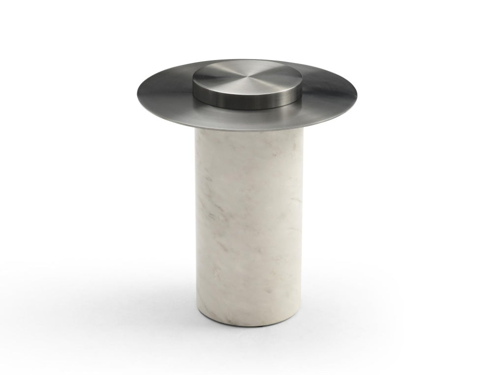 22 Inch Round Faux Marble Top Pedestal Side Table in Gunmetal Stainless Steel Base
