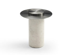 22 Inch Round Faux Marble Top Pedestal Side Table in Gunmetal Stainless Steel Base