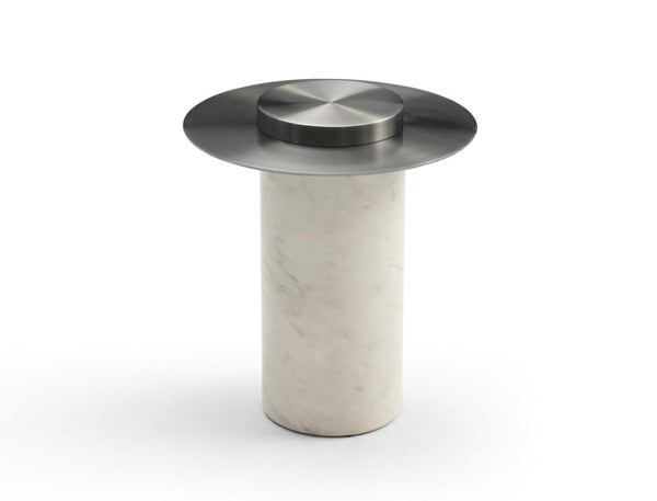 22 Inch Round Faux Marble Top Pedestal Side Table in Gunmetal Stainless Steel Base
