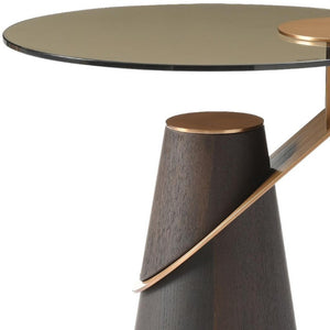 22 Inch Round Pedestal End Table with Glass Top Solid Wood and Stainless Steel Base