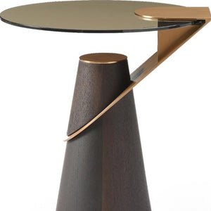 22 Inch Round Pedestal End Table with Glass Top Solid Wood and Stainless Steel Base