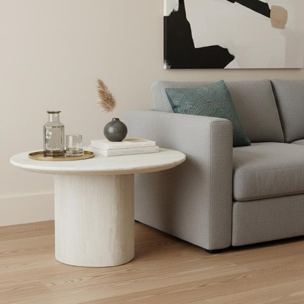 17 Inch Beige Marble Oval Pedestal Side Table Elegant Stone Accent for Living Room