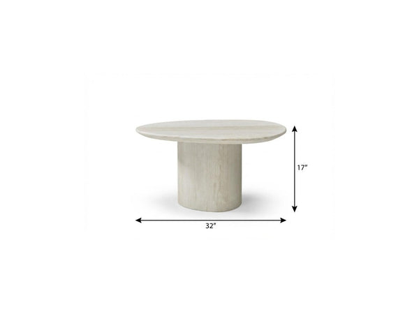 17 Inch Beige Marble Oval Pedestal Side Table Elegant Stone Accent for Living Room