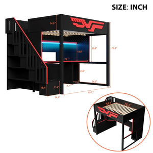 English Elm Gaming Full Loft Bed with Workstation Storage Staircase Led Lights and Usb Port N7090004031B