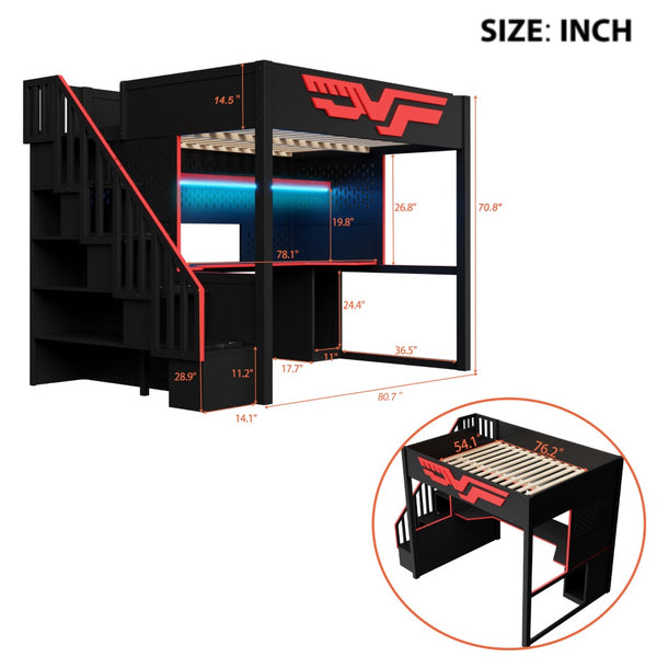English Elm Gaming Full Loft Bed with Workstation Storage Staircase Led Lights and Usb Port N7090004031B