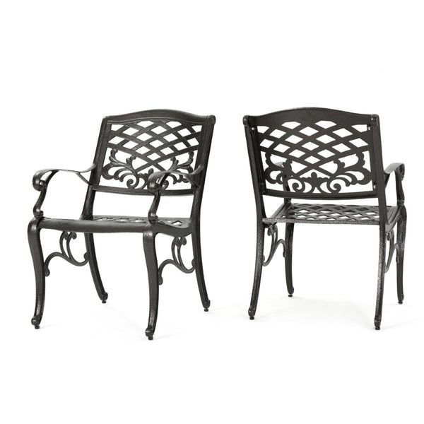 English Elm Phoenix Cast Aluminum Outdoor Dining Arm Chairs Ornate Lattice Scroll Garden Set Bronze 54589.00BZE