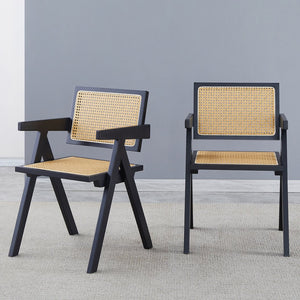 English Elm 2 Black Rubberwood Dining Chairs With Rattan Weaving - Stylish, Comfortable & Versatile Living Room Seating W2720P237607