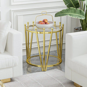 English Elm 19.69inch Gold Round Coffee Table with Crown Frame, 8mm Tempered Glass, Stainless Steel Base, Chic Storage Clear W1550P171466