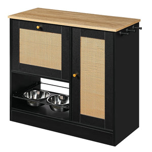 English Elm Feeding Station Cabinet with Rattan Door Elevated Bowls and Hooks for Tidy Pet Care W1687P246775