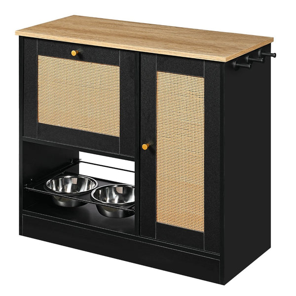 English Elm Feeding Station Cabinet with Rattan Door Elevated Bowls and Hooks for Tidy Pet Care W1687P246775