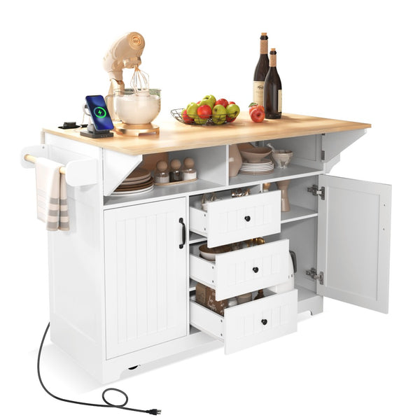 English Elm K&k Rolling Kitchen Island with Drop Leaves Power Outlet Drawers and Spice Rack White N707S186617W