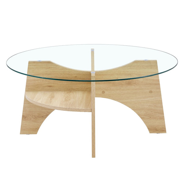 English Elm Round Tempered Glass Coffee Table with Fan Pedestal Base for Modern Living Rooms Natural Wood,Transparent W1151P256001