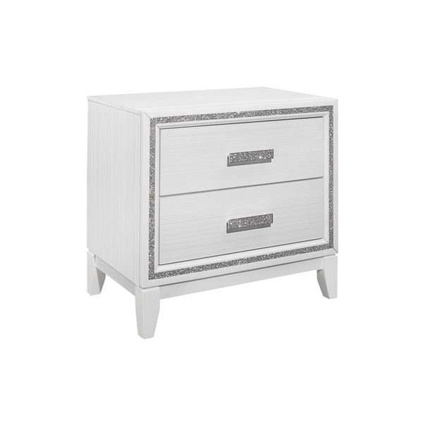 English Elm ALMERA White Glitter Nightstand with 2 Spacious Drawers, Crushed Crystal Handles, Transitional Glam Finish B201P226192