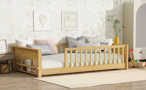 English Elm Twin Floor Platform Bed With Book Rack & Fence, Durable Natural Finish For Cozy Kids' Rooms W504P345766-GIGA
