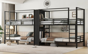 English Elm Twin Quadruple Metal Bunk Bed with Central Closet, Shelves & Wardrobe for Space-Saving Dormitory Living Black W1580S00154