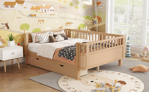 English Elm Full Solid Wood Kids Platform Bed with Guardrail, Low-Profile Durable Pine & MDF, 350LB Capacity Natural 69.69 L x 18.5 W x 8.66 H W2593P331687