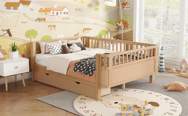 English Elm Full Solid Wood Kids Platform Bed with Guardrail, Low-Profile Durable Pine & MDF, 350LB Capacity Natural 69.69 L x 18.5 W x 8.66 H W2593P331687