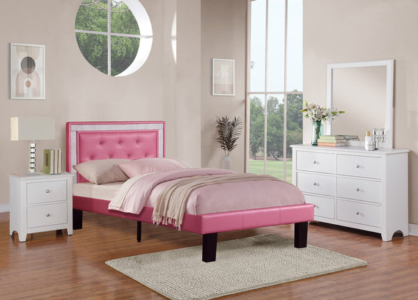 English Elm Modern Glam Tufted Faux Leather Bed with Glitter Frame and Diamond Accents, Full Size, 12-Slat Support, Sturdy Middle Legs, Elegant Upholstered Headboard Pink 60 L x 36 W x 6 H B011P400278