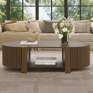 English Elm Oval Fluted Rubberwood Coffee Table with Open Storage Shelf for Living Room Walnut N735P369880D