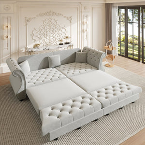English Elm 97.6" Oversized Velvet Chesterfield Sleeper Sofa Floral Tufted Roll Arm Living Room Couch Light Grey W1885S00398