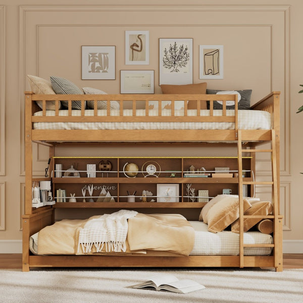 English Elm Full Xl Over Queen Bunk Bed Pinewood Frame with Led Lights Shelving Pegboard Brown LT000279AAP