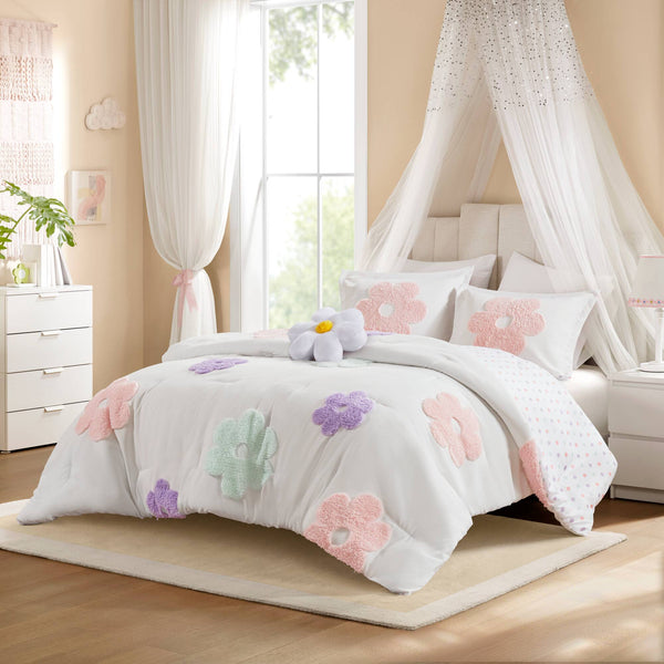 JLA Home Urban Habitat Kids - Floral Reversible Tufted Chenille Comforter Set for Kids — Whimsical Flower Pillow, Hypoallergenic Finish 88 L x 88 W x 1H UHK10-0227
