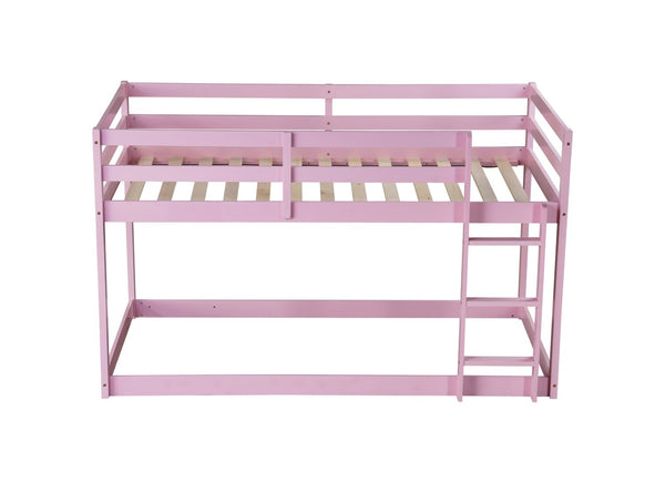 English Elm Solid Rubberwood Twin Over Twin Floor Bunk Bed - Sturdy, Stylish Pink Design With Ladder & Slats W504P191672-GIGA