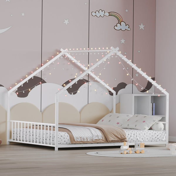 English Elm Full Full-size children's bed frame with LED roof design, white iron house-style frame, sturdy 350lb capacity W1820P356060