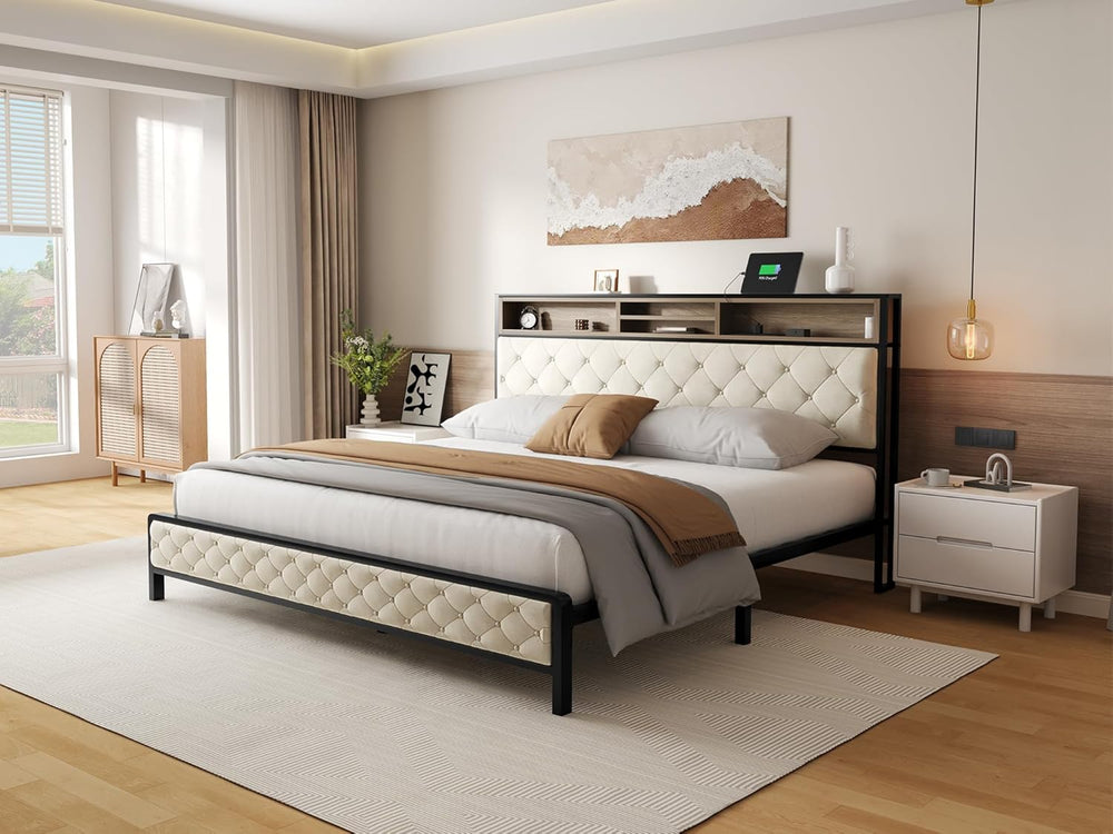 English Elm King Upholstered Platform Bed with Charging Station, Storage Headboard, Metal Slats, Beige Elegance W2904P372063