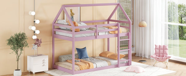 English Elm Twin Rubber Wood Floor Bunk Bed House-Shaped Design with Ladder Guardrails Sturdy Low-Profile Retreat Pink W504P206867