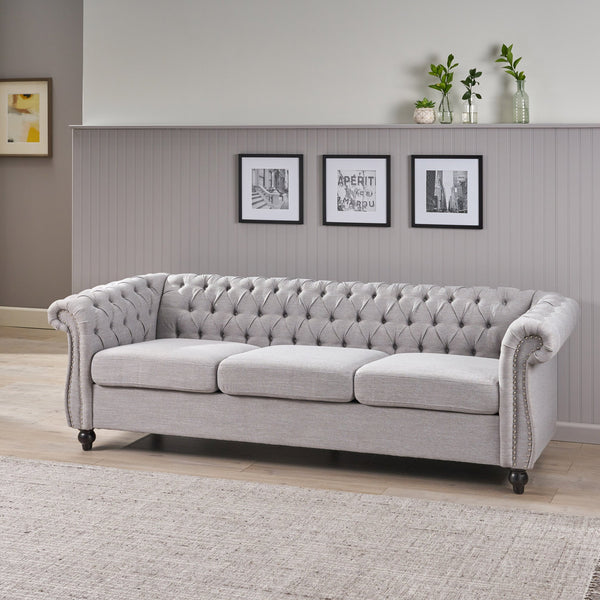 English Elm Christopher Knight Home® - 3 Seater Chesterfield Sofa with Button Tufted Diamond Stitch, Nailhead Accents & Scrolled Arms - Low Profile Grey N771P262584D