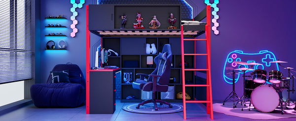 English Elm Full Size Gaming Loft Bed with Led Lighting Desk Drawers and Display Shelving Red LT000263AAJ