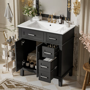 English Elm 30" Freestanding Bathroom Vanity Ceramic Sink Soft Close Cabinet Gray Wood Frame Black N729P427118B
