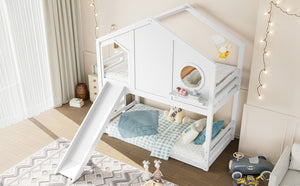 English Elm Full Bunk Bed with Trundle Bookshelf Storage Pine Frame Car Design for Kids Light White W1580S00464