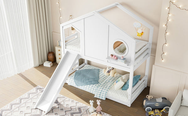 English Elm Full Bunk Bed with Trundle Bookshelf Storage Pine Frame Car Design for Kids Light White W1580S00464